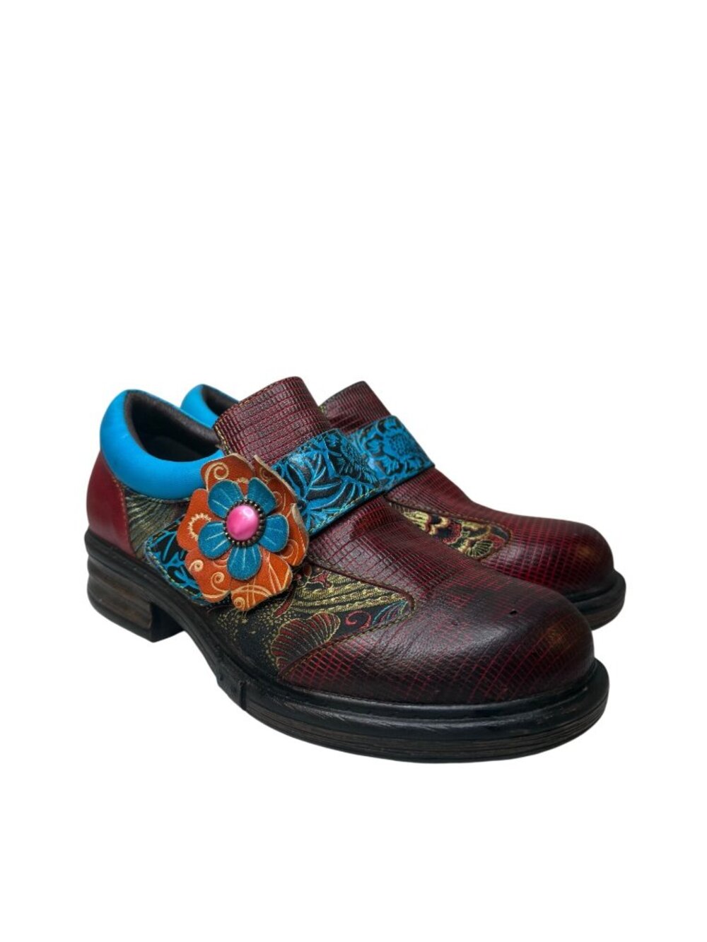 Socofy Floral Faux Leather Mary Jane Shoes Women's EU 38 Colorful Boho Artistic - Picture 2 of 8